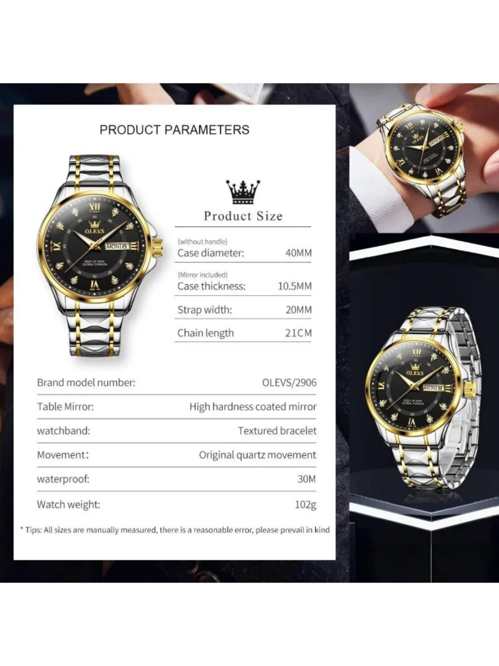 Olevs Men's Silver Gold Stainless Analog Quartz Waterproof Luminous Wrist Watch